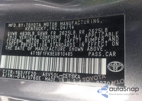 2014 Toyota Camry Se z USA, uszkodzony, nr VIN 4T1BF1FK9EU810485
